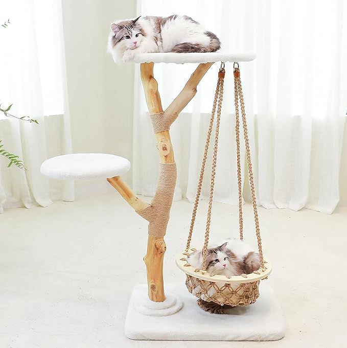 50" Tall Cat Tree Tower, Modern Cat Tree for Indoor Cats, Washable Wooden Perchs and Climbers for Large Cats, Cute Cat Furniture with Unique Cat Swing