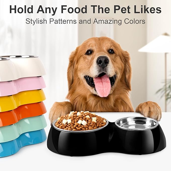 Double Dog Bowls Set – Non-Slip Pet Food & Water Dishes with Resin Stand, Includes Small (1 Cup) & Medium (2 Cups) Bowls – Ideal for Puppies, Cats, and Medium Dogs –Black