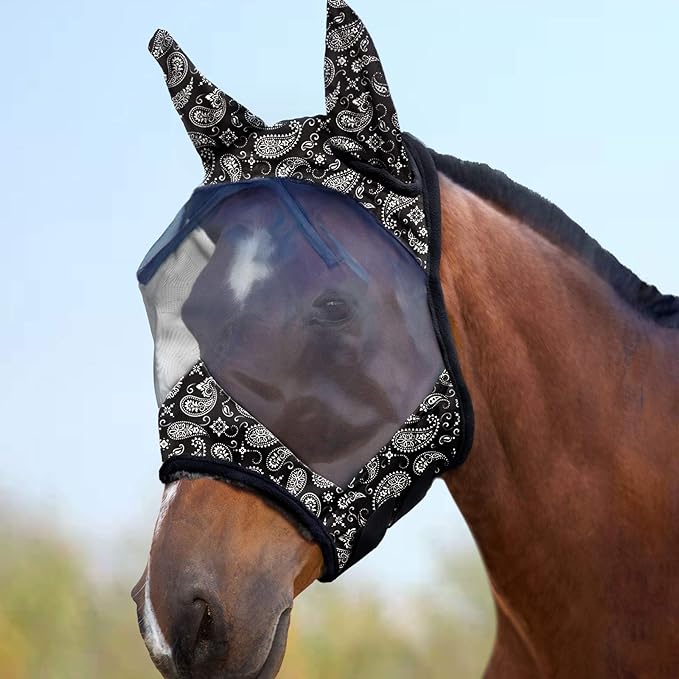 Harrison Howard LumiVista Horse Fly Mask Standard with Ears UV Protection for Horse Paisley Wave XL Extra Full