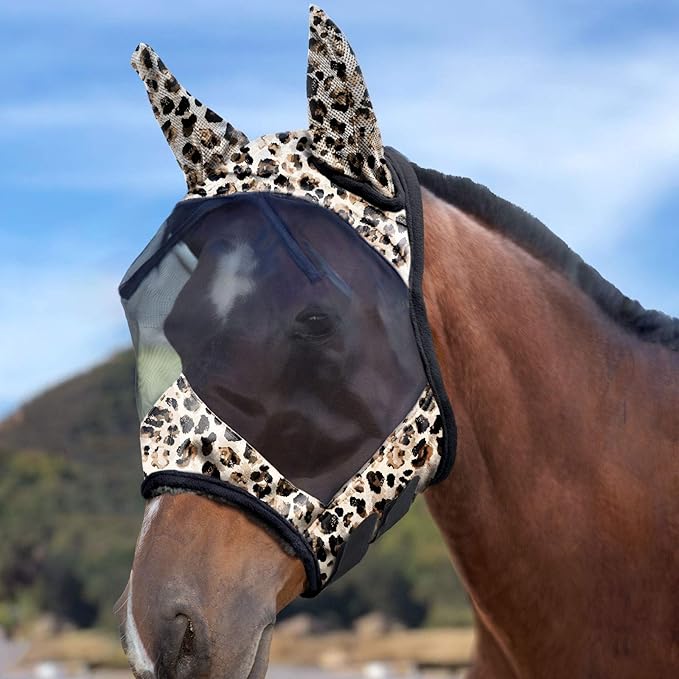 Harrison Howard LumiVista Horse Fly Mask Standard with Ears UV Protection for Horse Leopard Print M Cob