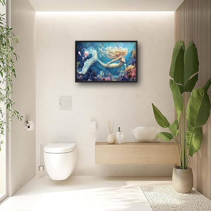 Extra Large Framed Mermaid Wall Art,Oversized Undersea Ocean Wall Decor,Colorful Coral Reefs Pictures for Living Room,Elegant Canvas Print Painting Modern Artwork Bedroom Bathroom 36L x 24W