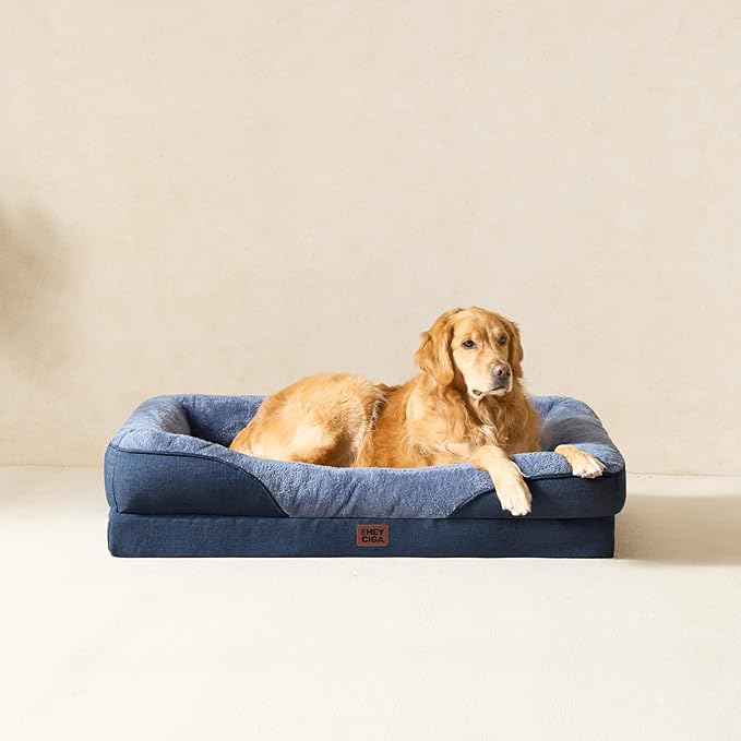 EHEYCIGA Memory Foam Dog Bed for Medium Size, Orthopedic Dog Sofa with Sides and Waterproof Liner, Washable Bolster Pet Couch with Removable Cover, 30x20x6.5 Inch, Navy