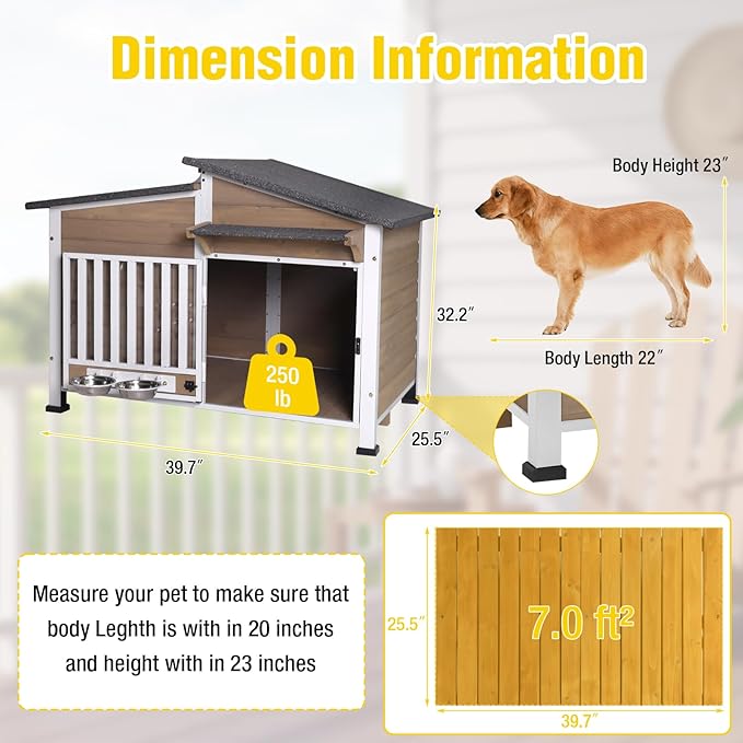 Chew-Resistant Dog House with Metal Frame, Wooden Kennel for Indoor & Outdoor Use, Waterproof Roof & Feeding Bowls Included (Brown, L)