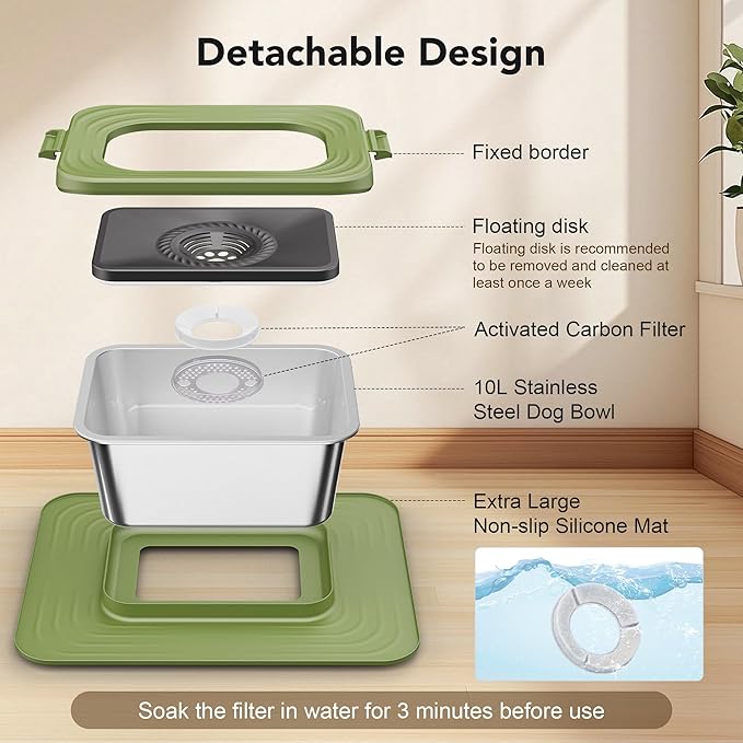 Decflow 10L Stainless Steel Dog Water Bowl, No Spill Anti-Splash Dog Bowls with XXL Silicone Mat, Spill-Proof Slow Feeder for Messy Drinkers, Heavy Duty Pet Bowls for Indoor/Outdoor Use