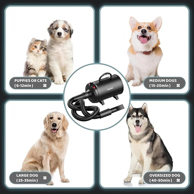 Dog-Hair-Dryer, 5.2HP/ 3800W High Velocity Pet Blow Dryer with Heater for Grooming, Speed Temperature Adjustable Dog Blower Grooming Dryer with 4 Nozzles