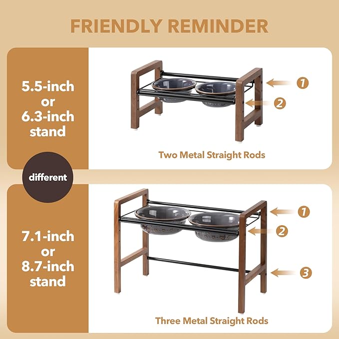 5.5inch Ceramic Adjustable Raised Double Bowls Set with Stand, 3 Heights Elevated, 2 Placement Options, Food and Water Dishes for Puppy, Cats(Double Bowls+Stand, Reactived Glaze -Grey