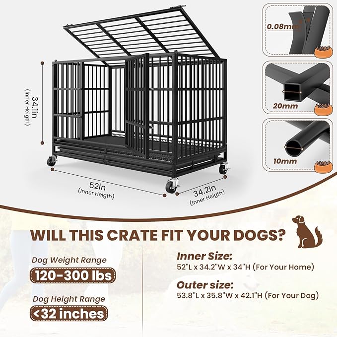 LEVELEVE 54 Inch Heavy Duty Indestructible Dog Crates for Large Dogs,Escape Proof Dog Cage Large Dogs with Lockable Wheels,Dog Kennel Furniture Indoor&Outside