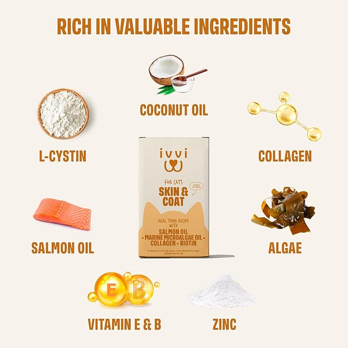 ivvi Skin & Coat for Cats β Functional Creamy Snack with Salmon Oil, Algae Oil, Zinc, Collagen & Biotin β Supports Skin and Fur Health β 30 x 0.53 oz Sachets β with Real Tuna