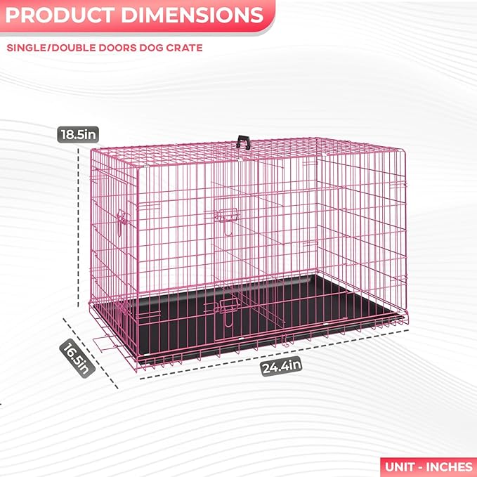 FDW Dog Crate for Small Dogs 24 Inch Folding Metal WirePet Cage Double Door W/Divider Panel Indoor Outdoor Kennel Leak-Proof Plastic Tray,Pink