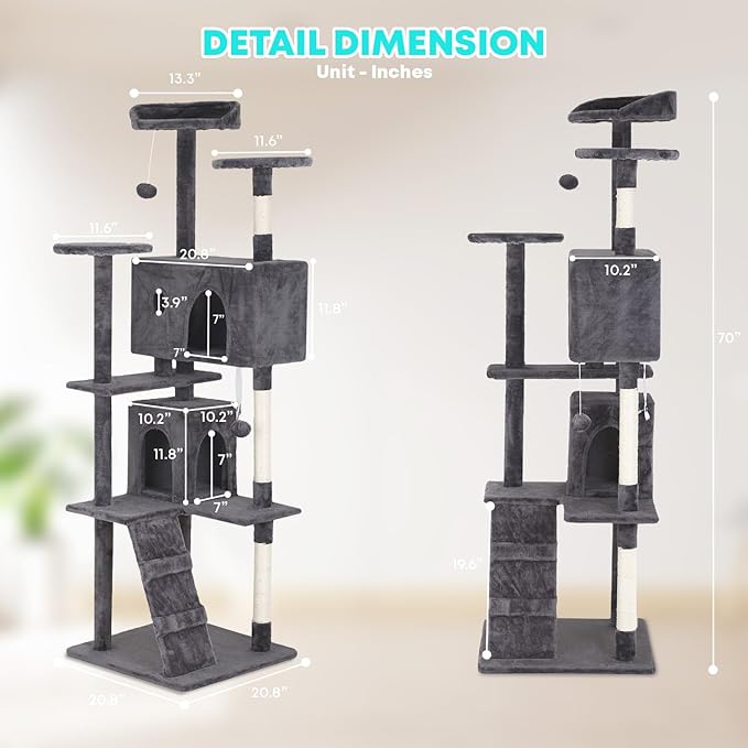 FDW Cat Tree 70in Cat Tower Multi-Level Durable Cat Scratching Post & Cozy Fun Cat Jumping Platform Space Saving Cat Condo Pet Play House for Indoor Cats,Light Gray