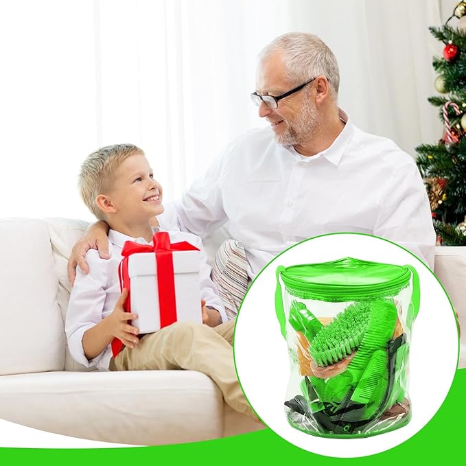 9 Pieces Horse Grooming Kit Tack Room Supplies Set with Organizer Tote Bag, Oval Massage Curry, Hard and Soft Brush, Hoof Pick, Sweat Scraper, Bathing Sponge, Combs for Horse Riders Beginners (Green)