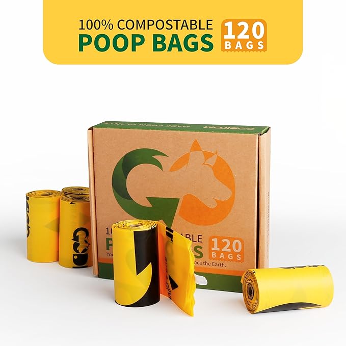Certified 100% Compostable Poop Bags for Dogs, 120 Count Guaranteed Leak Proof and 18 Microns Extra Thick Dog Waste Bag, 18 Rolls of Plant Based Doggie Poop Bag, No Scented with ASTM D6400 & EN13432