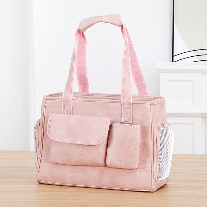 Dog Carrier Purse, Fashion Leather Pet Carrier Bag, Airline Approved Soft Sided Cat Travel Tote Bag with Pockets Pink