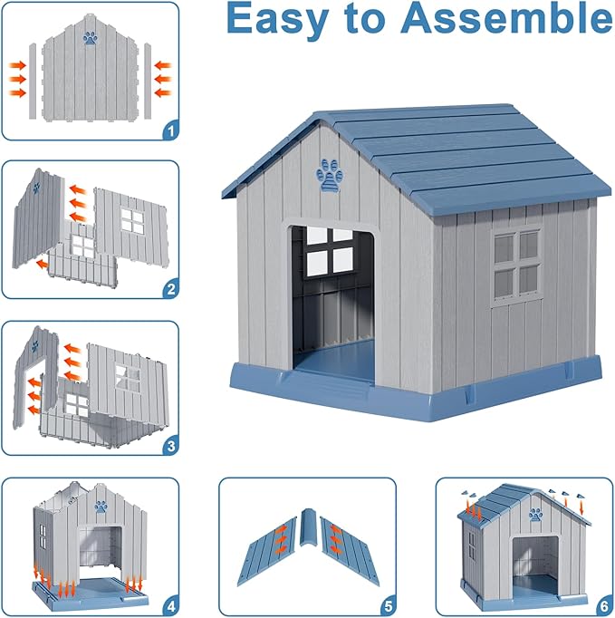 Dog House Indoor Outdoor for Small to Large Sized Dogs Resin Outdoor Dog House with Ventilation Puppy Shelter with Elevated Floor, Easy to Assemble, Blue