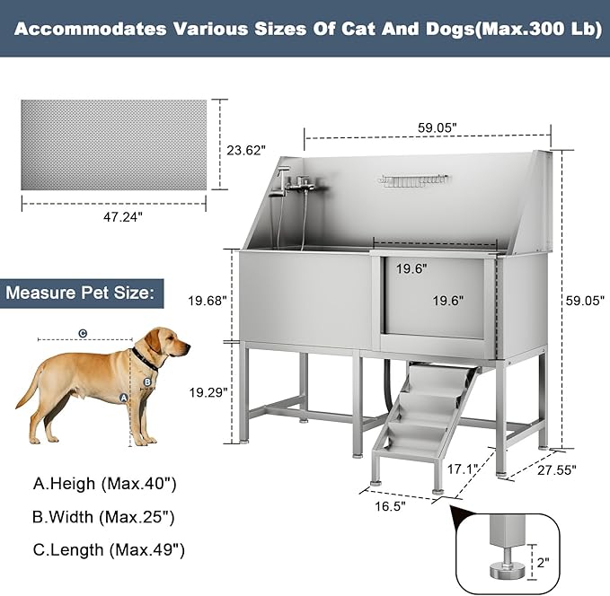 50" Pet Dog Bathing Station, Stainless Steel Dog Bathtub W/Ramp, Floor Grate, Dog Bath Brush, Washing Gloves for Home, Professional Dog Washing Station for Pets (50 Inch Right Door)