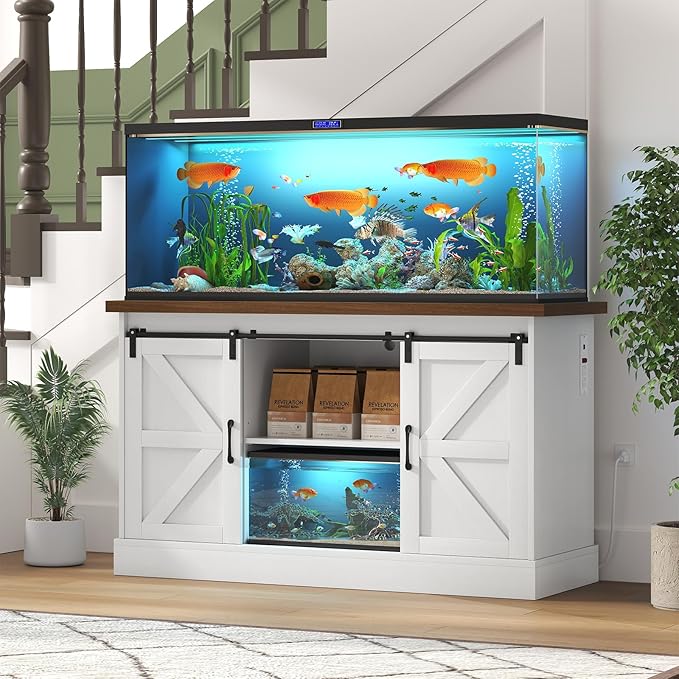 55-75 Gallon Fish Tank Stand with Sliding Barn Doors & Power Outlet, Heavy Duty Aquarium Stand with Cabinet Storage for Fish Tank, Turtle Tank, Reptile Terrarium, 1000LBS Capacity, White