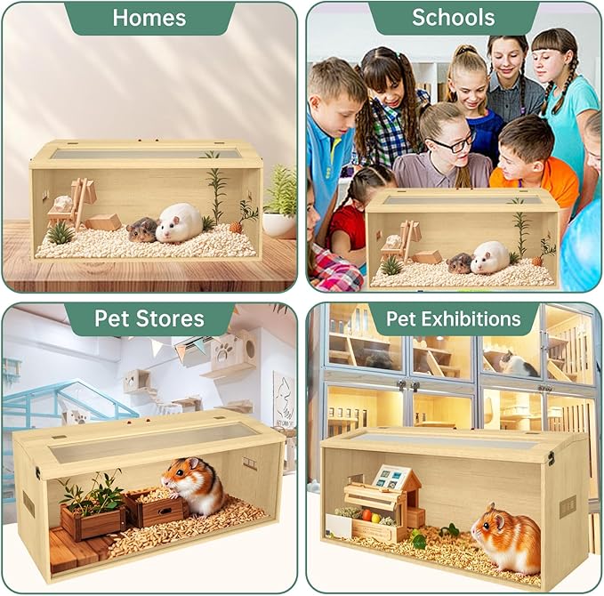 32" Hamster Habitat Enclosure, Top Opening Lockable Roof Door, Gerbil Dwarf Hamster Cage with Hygrometer, Chewproof Syrian Hamster Cage for Mice, Small Animal, (Wooden, 32" L x 16" W x 16" H)
