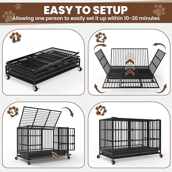 LEVELEVE 54 Inch Heavy Duty Indestructible Dog Crates for Large Dogs,Escape Proof Dog Cage Large Dogs with Lockable Wheels,Dog Kennel Furniture Indoor&Outside