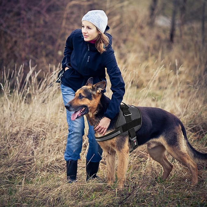 Dogline Dog Harness, Reflective No-Pull Adjustable Vest with Handle for Walking, Training, Breathable, No - Choke Harness for Small, Medium or Large Dogs Room for Patches Girth 27 to 34 in Black