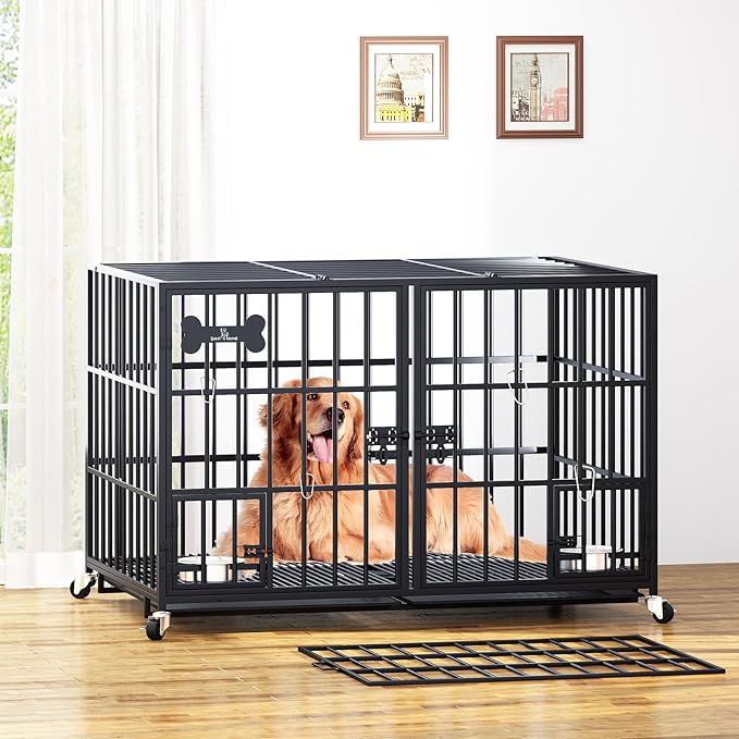 aboxoo 42/48 inch Heavy Duty Metal Dog Crate for 2 Dogs/Large Dog,All Metal Open Top Stackable,Dog Kennel Indoor with Wheels,Floor Grid, Tray, Divider and Feeding Bowl
