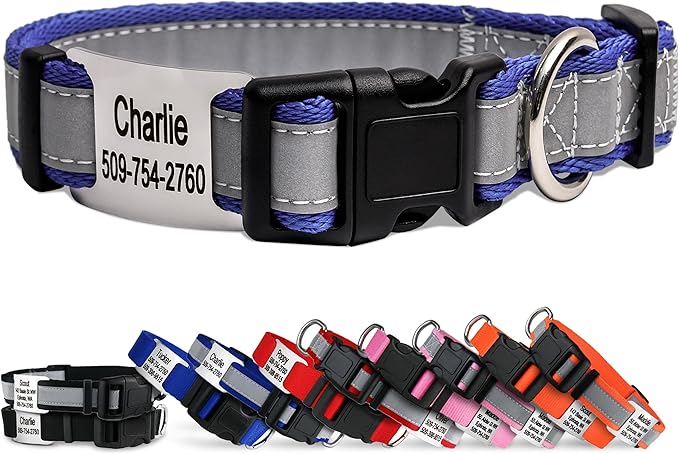 GoTags Reflective Personalized Dog Collar with Nameplate, Adjustable Dog Collar with Custom Engraved Steel Slide On Pet ID Tag, Silent, No Noise Dog Tag for Large Medium or Small (Lavender, Large)