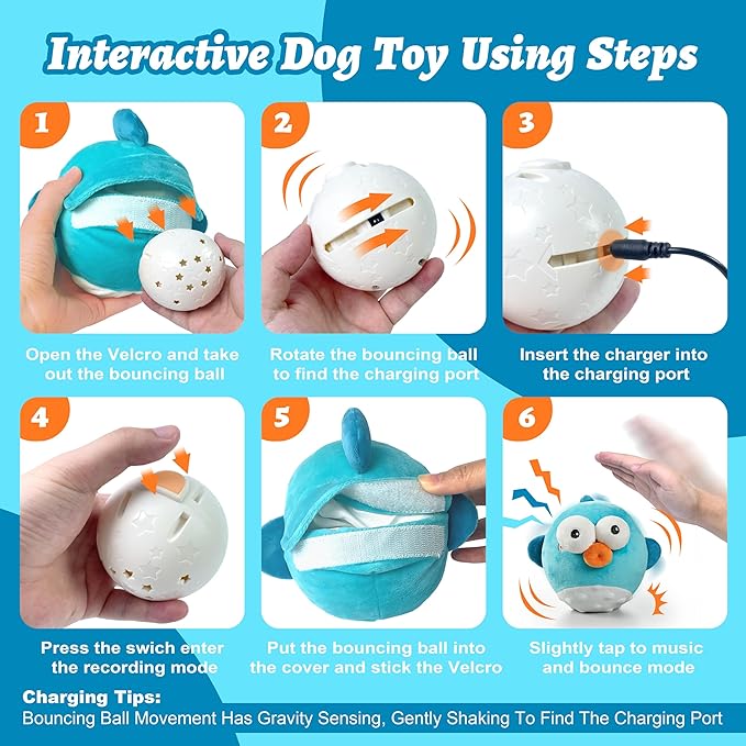Dog Toys,Rechargeable Crinkle Chew Interactive Squeaky Toy with Jumping Music Moving Ball for Small Medium Large Breed Puppy Toys to Keep Pets Busy (Puffer)