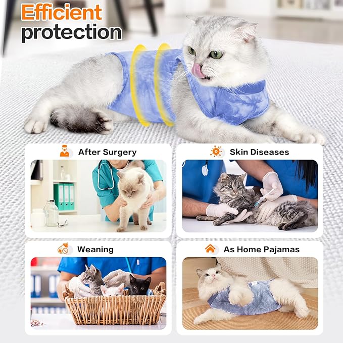 Cat Recovery Suit After Surgery, Recovery Wear for Abdominal Wounds, Onesie Cone E-Collar Alternative - Blue M