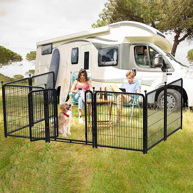 Dog Playpen 36inch 4 Panels, Puppy Playpen Indoors, Dog Fences Outdoor for Yard, Wide Door Low Threshold Garden Fencing for Medium/Large Pets. Black Pens Total 8.9 Ft(L)