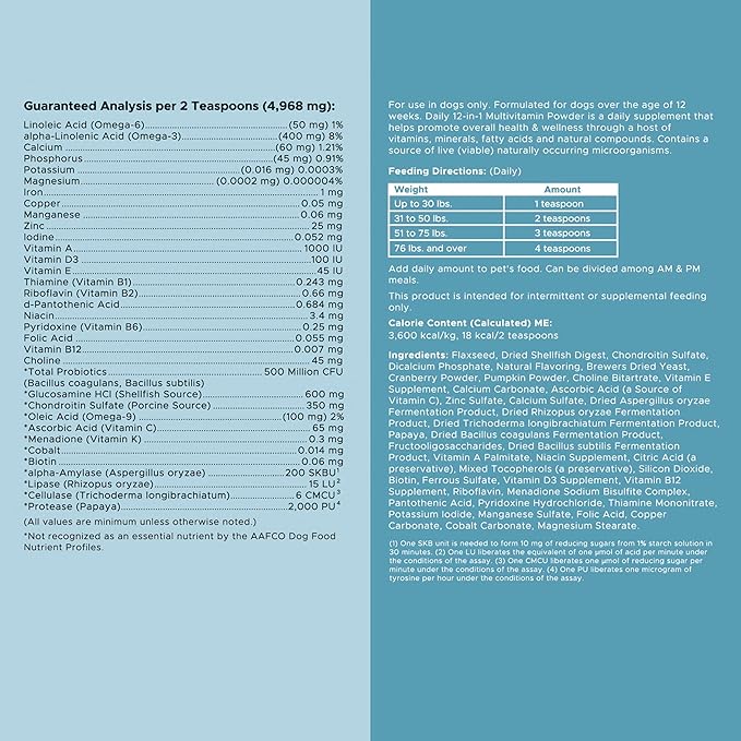 12-in-1 Multivitamin Powder for Dogs - 5.4 oz of Puppy and Senior Dog Vitamins and Supplements - Advanced Formula with Glucosamine, Omega 3,6,9, Vitamins, Probiotics, and More - Made in The USA