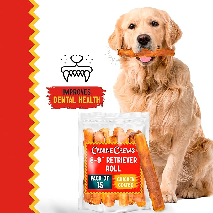 Canine Chews 8-9" Chicken Coated Dog Rawhide Retriever Rolls (15 Pack) - Chicken Rawhide Bones for Large Dogs - 100% USA-Sourced Chicken Coated Dog Rawhide Chews - Healthy Dog Dental Chew Rawhides