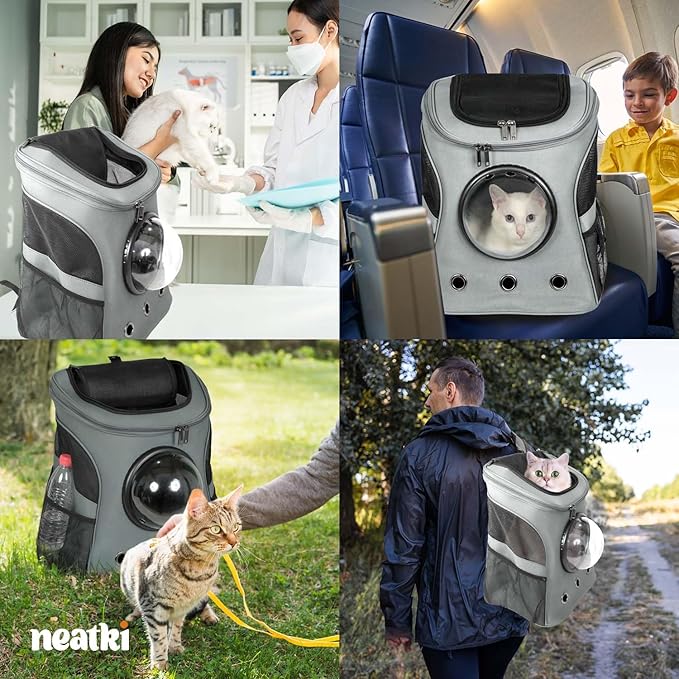 Cat Backpack Carrier, Airline Approved, Space Capsule Bubble Design, Ideal for Cats & Dogs up to 28-35 lbs, with Strong Straps, Safety Zippers, Mesh, Comfortable for Hiking & Travel (Grey)