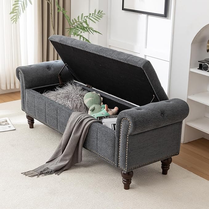 58’’ Storage Bench for Bedroom, Upholstered Button-Tufted Ottoman with Solid Wood Legs, Large End of Bed Shoe Cabinet, Window Seat Foot Rest Stool for Entryway, Closet, and Living Room (Dimgray)