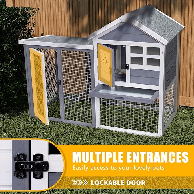 GEGURI Large Rabbit Hutch Indoor Outdoor Chicken Coop Wooden Bunny Cage with Waterproof Roof (48''L x 24''W x 36''H Grey)