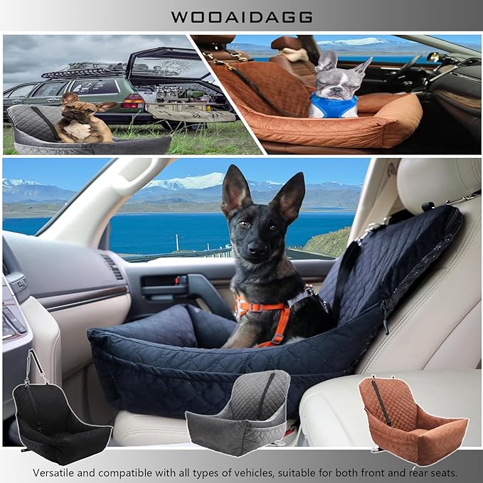 Dog Car Seat,Fully Detachable and Washable Cover,Easy to Assemble,Comfy Cushion Fill in Memory Foam,2 Clip-On Safety Leashes and Storage Pockets (Grey)