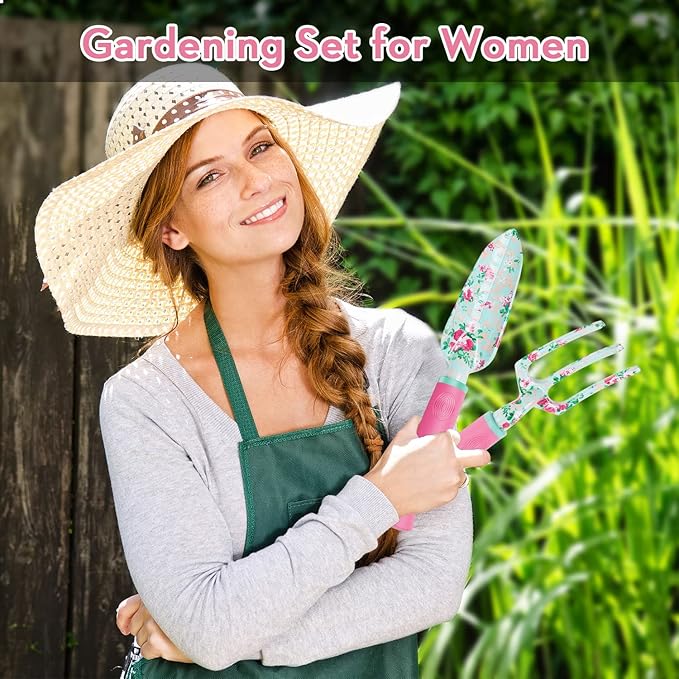 Gardening Tools, 8 Pcs Heavy Duty Floral Garden Tool Set Birthday Gifts for Women WANCHI Rose Red Gardening Kit (Garden Tool Bag Kneeling Pad Weeder Fork Hand Rake Pruning Shears Trowel Transplanter)