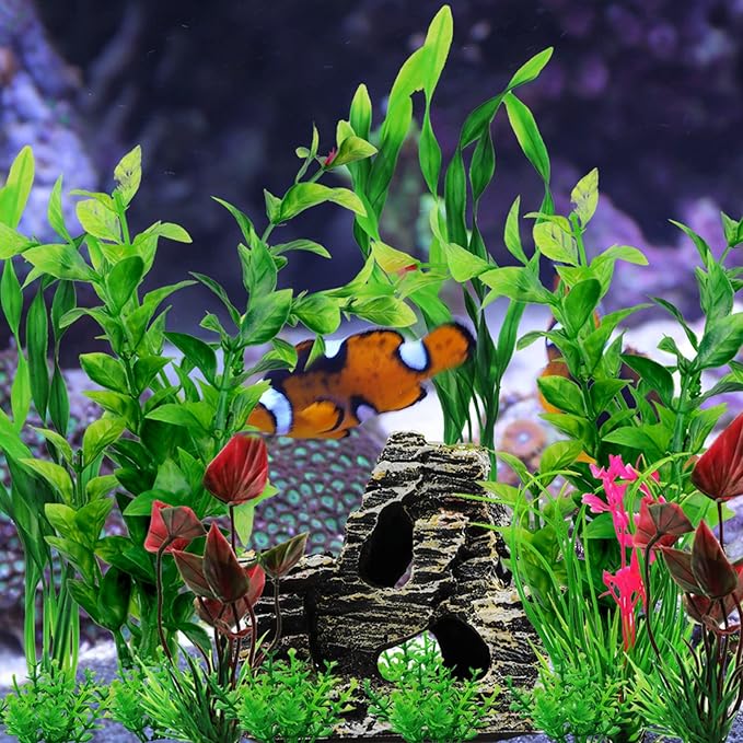 Fish Tank Accessories Aquarium Decorations Rock Plants, 20pcs Green Fish Tank Decorations Plants and Cave Rock Decoration Decor Set, Fish Tank Decor, Aquarium Decor Plastic Plants