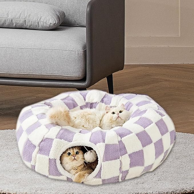 Cat Tunnel Bed with Washable Cushion for Indoor Cat, Donut Cave Tube Toys for Kitten Puppy Rabbit, Purple