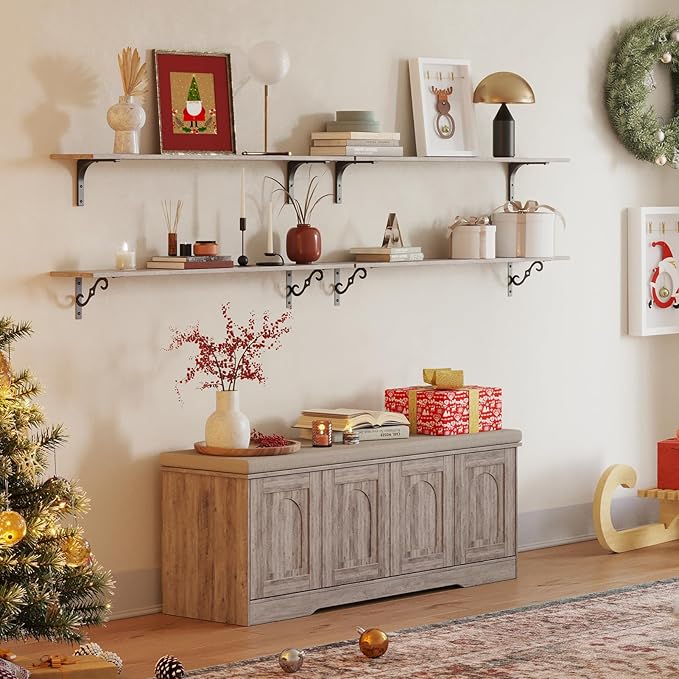 DINZI LVJ Shoe Bench, Entryway Storage Bench with Doors, Cushion, 2-Tier Shoe Rack with 8-Cubby, 47.2”L x 13.8”W Shoe Organizer Cabinet, Adjustable Shelf, Living Room, Bedroom, Greige