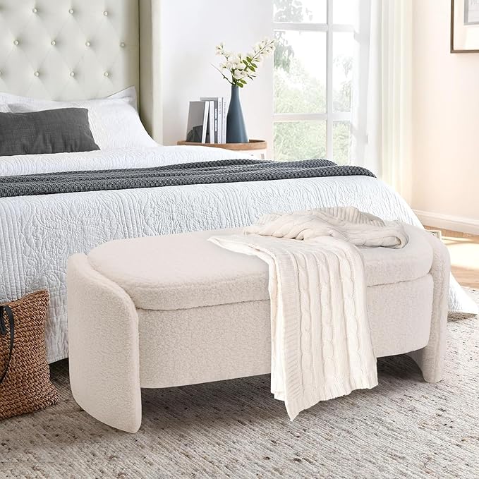 47.6 Inch Lamb Fleece Oval Storage Bench Upholstered Ottoman Bench with Storage, Bedroom Bench with Large Storage Space, for Bedroom Living Room Entryway, Beige