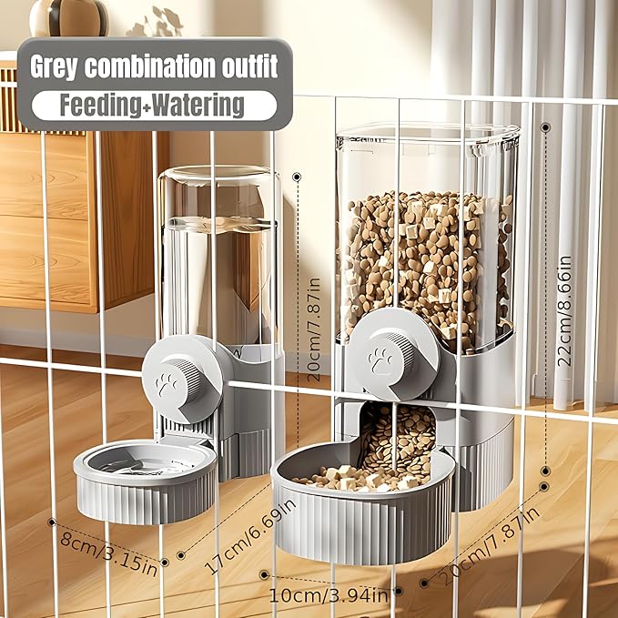 GPY Automatic Hanging Gravity Pet Feeder and Water Dispenser Set ,Automatic Dog Feeder and Dog Water Dispenser for Dogs Cats Pets Animals Large Capacity (Blue Water Feeder&Food Feeder) (Grey)
