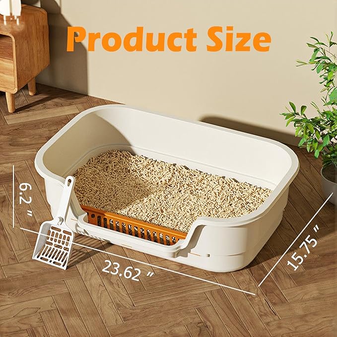 Extea Large Cat Litter Box with High Sides,Cat Boxes for Indoor Cats,Cat Litter Pan for Kitty,Litter Box with Low Entry,Easy to Clean,Anti-Splashing,23.6" x15.7" x6.2" (White)