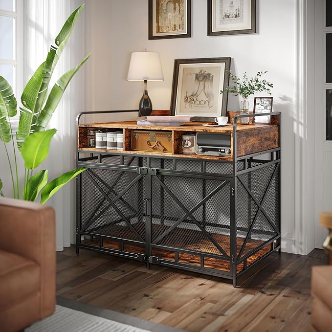 Dog Crate Furniture, 43" Heavy Duty Wooden Dog Crate End Table, XL Dog Kennel Furniture Large Breed, Decorative Dog Kenne Indoor with 3 Drawers & Steel Tubes 43" L x28 W x36 H (Rustic Brown)