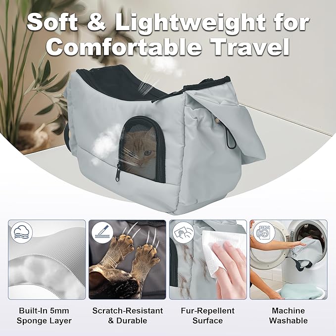 Cat Sling, Dog Carriers for Small Dogs up to 8.8 lbs Kitten and Puppy, Breathable Cats Carrier Pouch Pet Purse with Pockets, Hands-Free Pet Carrier with Safety Harness for Travel, Gray