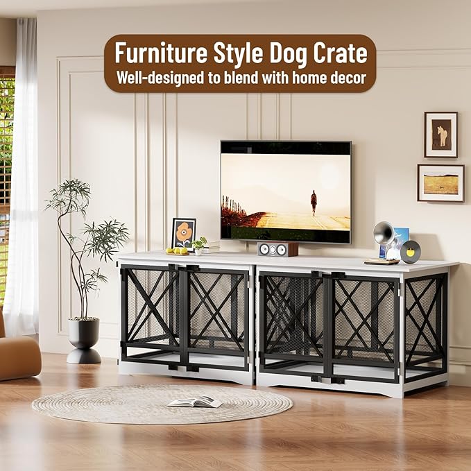 COZPAW Large Dog Crate Furniture - 48 inch Heavy Duty Dog Kennel Indoor for XLarge Breed with Double Doors, Wooden Dog Cage XL Modern Decorative End Table Pet House (White)