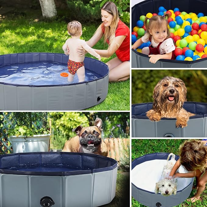 Foldable Dog Bath Swimming Pool 63'' Plastic Kiddie Pool Professional Tub Collapsible Grooming Bathtub for Pets Kids Baby and Toddler, 63 x 12 Inches Gray