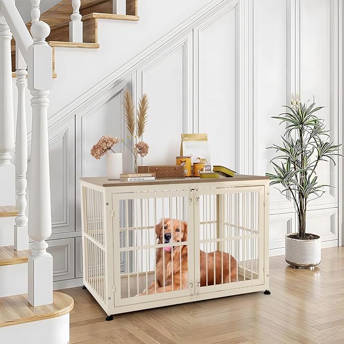 40 Inch Dog Crate Furniture for Large Medium Dogs, Wooden Heavy Duty Dog Kennel with Double Doors, Decorative Pet House Dog Cage Side End Table Indoor, Pet Cage Dog House, Beige