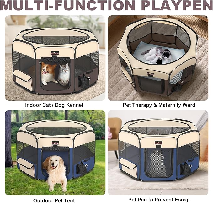 Aivituvin Dog Playpen, Foldable Pet Play Pens with Carrying Bag for Cat, Puppies, Rabbits, Portable Dog Tent Crates Cage for Travel Camping Indoor Outdoor, Removable Shade Cover, Brown M