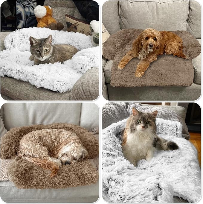 Calming Dog Bed Fluffy Plush Dog Mat for Furniture Protector with Removable Washable Cover for Large Medium Small Dogs and Cats (XS(31“x23.5”x5), Camel)
