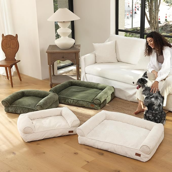 FUKUMARU Dog Couch Bed, Corduroy Cozy Cat Bed for Indoor Cats with Washable Cover, Supportive Waterproof Dog Beds Sofa for Small Dogs and Large Cats Cute, 28inch, Medium, Green
