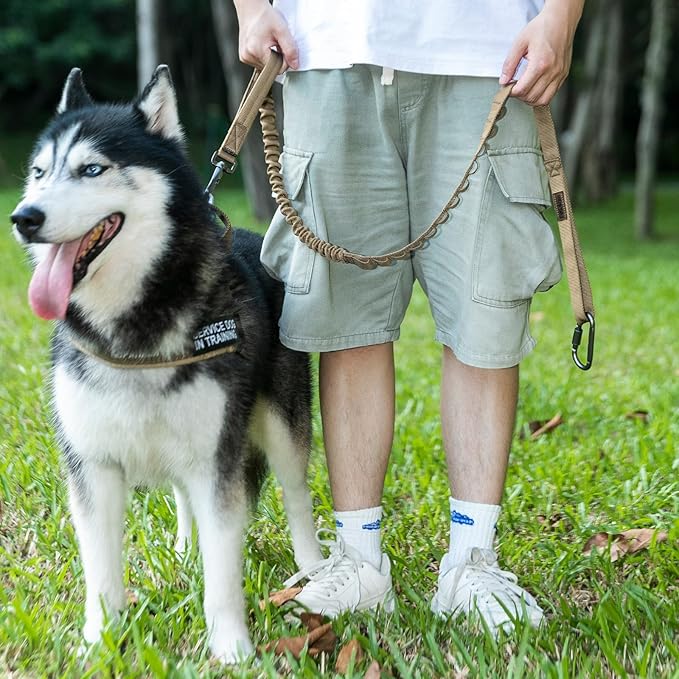 EXCELLENT ELITE SPANKER Tactical Bungee Dog Leash Military Adjustable Dog Leash Quick Release Elastic Leads Rope with 2 Control Handle(Grey